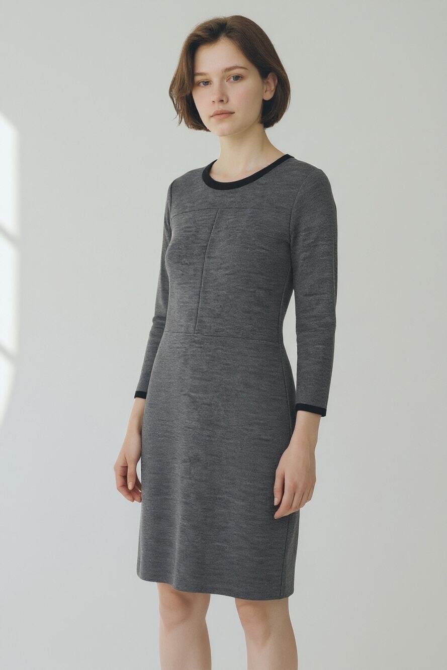 J Brand Long Sleeve Wool Dress with Genuine Leather Trim Gray Black Size Medium